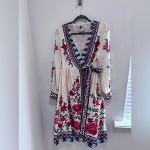 Farm Rio Embroidered V-Neck Dress with Pink & Blue Accents